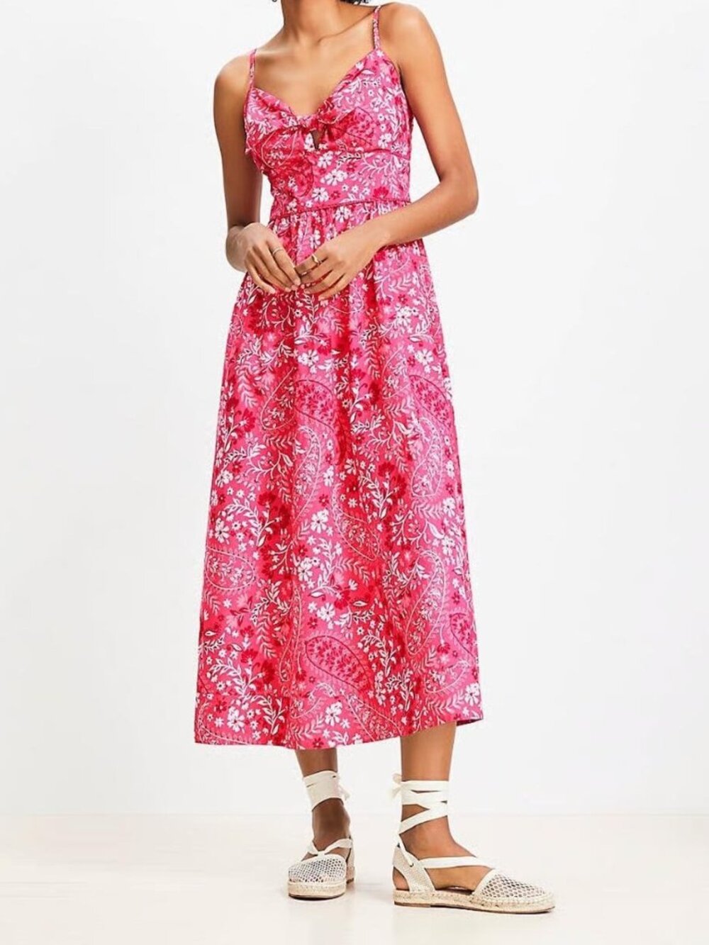 Loft cotton pink paisley midi dress with front knot tie, size 0